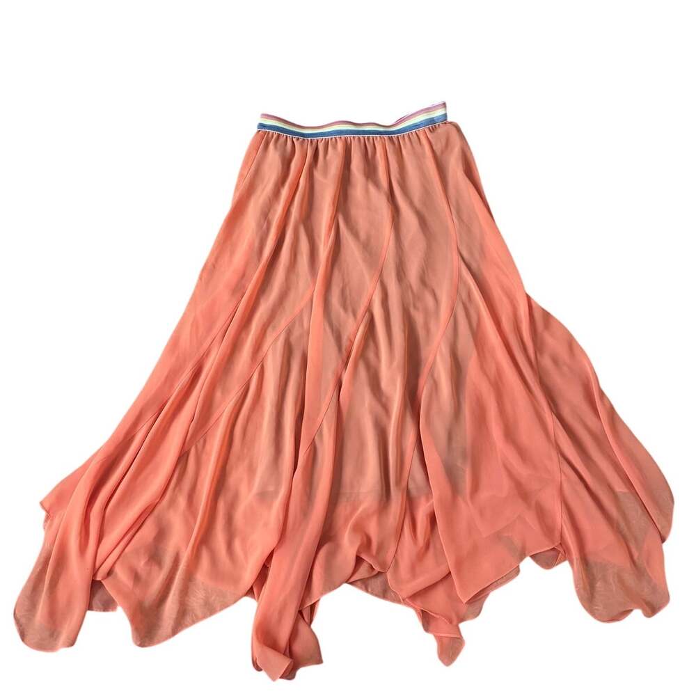 Tasha Polizzi | Rainbow Waist Handkerchief Chiffon Orange Midi Skirt | Large